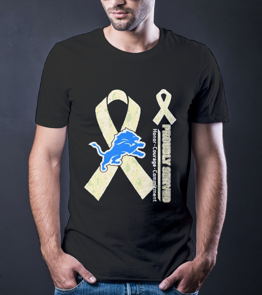 Detroit Lions Camo Ribbon Proudly Served Honor Courage Commitment T-Shirt