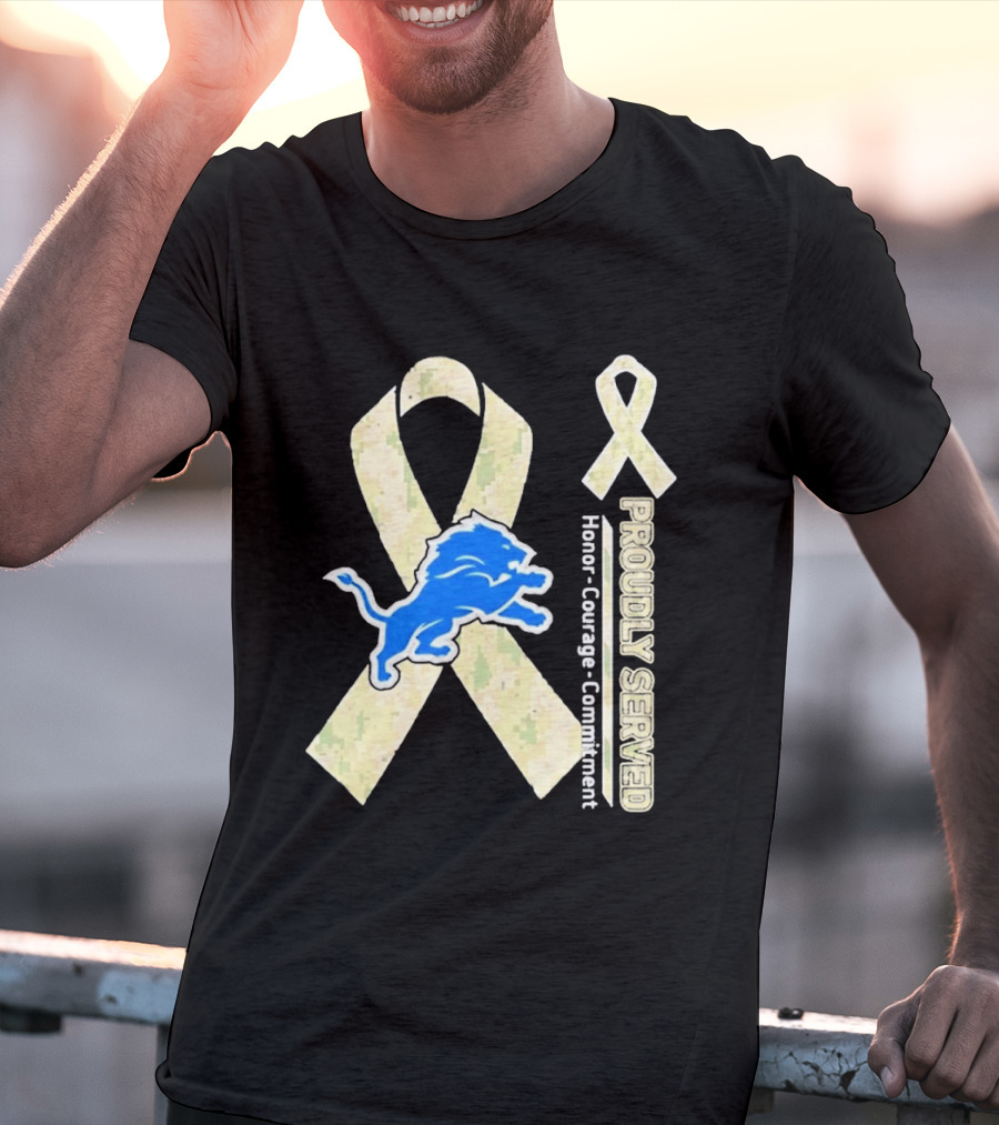 Detroit Lions Camo Ribbon Proudly Served Honor Courage Commitment T-Shirt