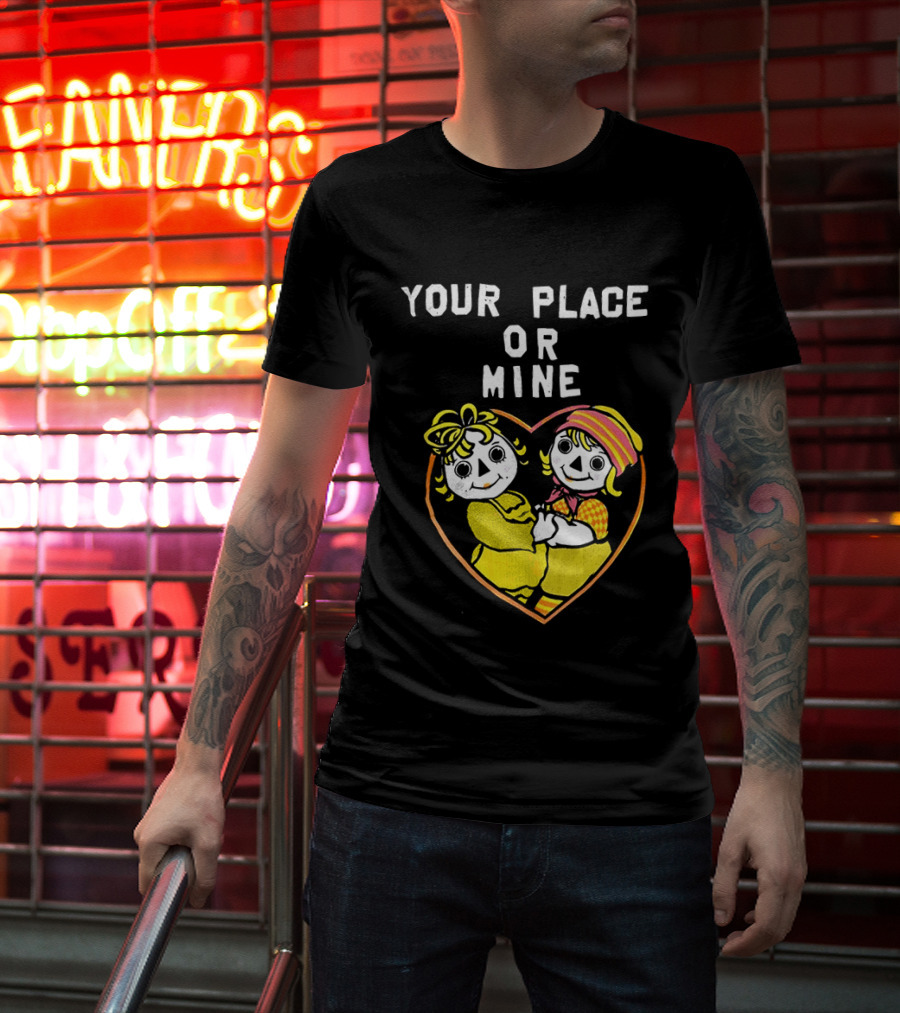 Your Place Or Mine Romantic Cartoon Couple In Heart T-Shirt