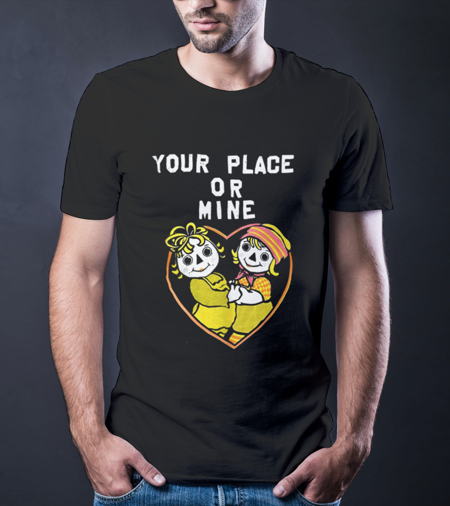 Your Place Or Mine Romantic Cartoon Couple In Heart T-Shirt