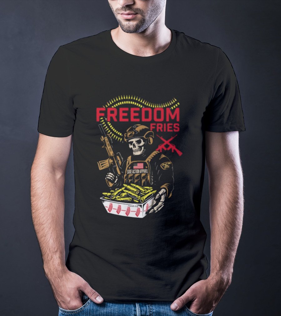 Freedom Fries Military Skeleton With USA Flag And Rifle T-Shirt