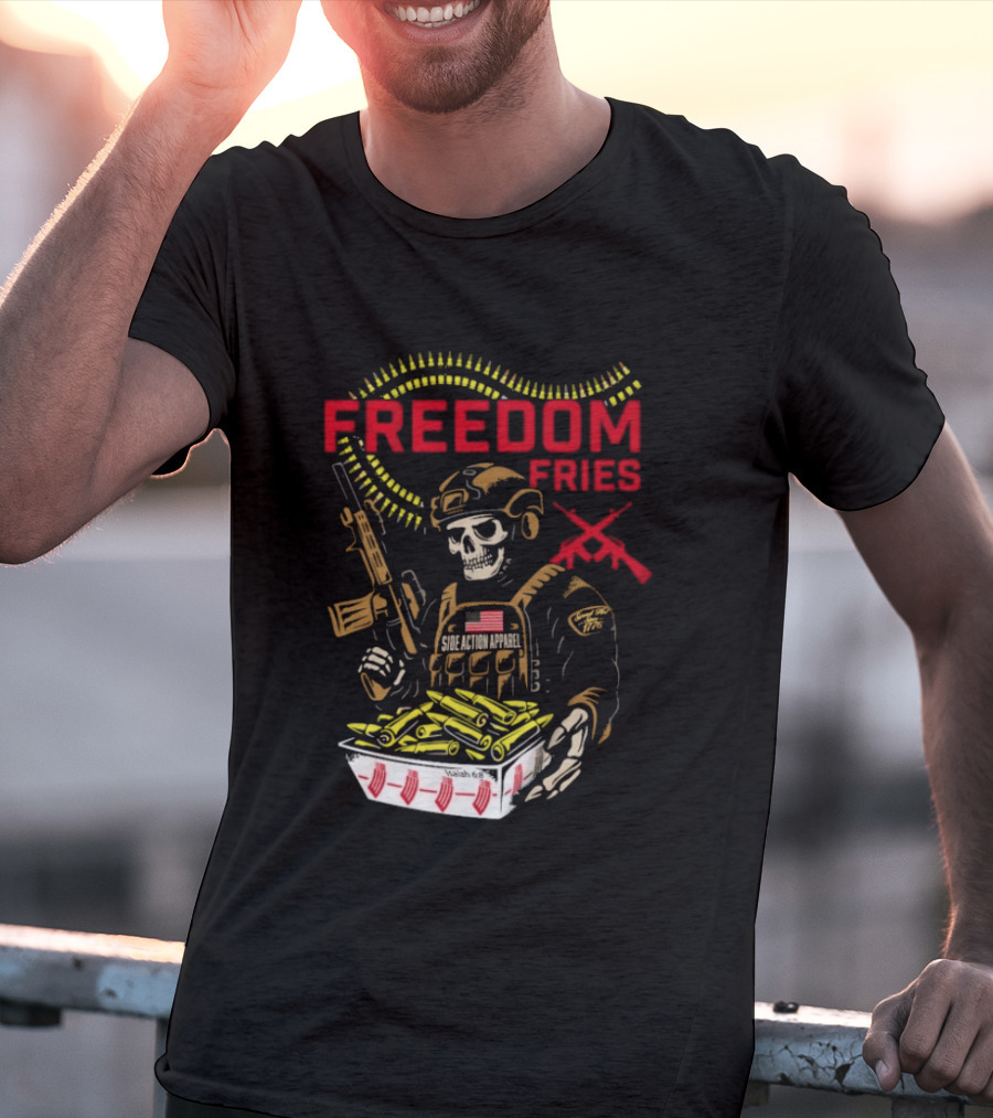 Freedom Fries Military Skeleton With USA Flag And Rifle T-Shirt