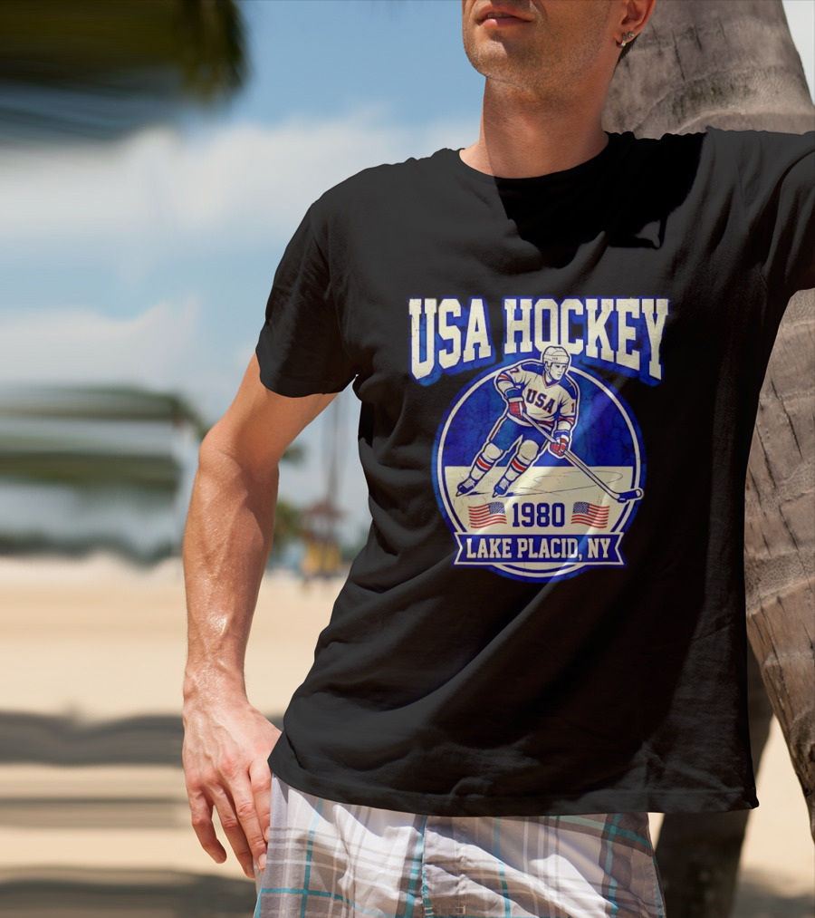 USA Hockey 1980 Lake Placid NY American Flag Ice Skater T-Shirt