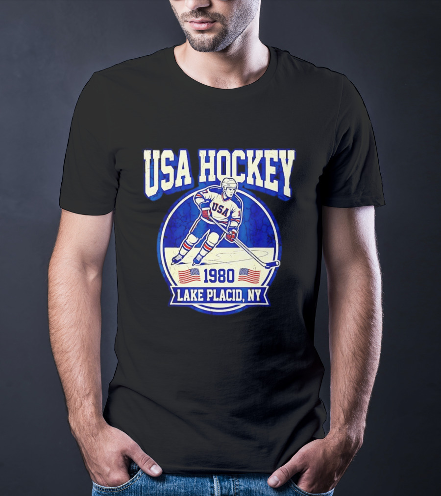 USA Hockey 1980 Lake Placid NY American Flag Ice Skater T-Shirt