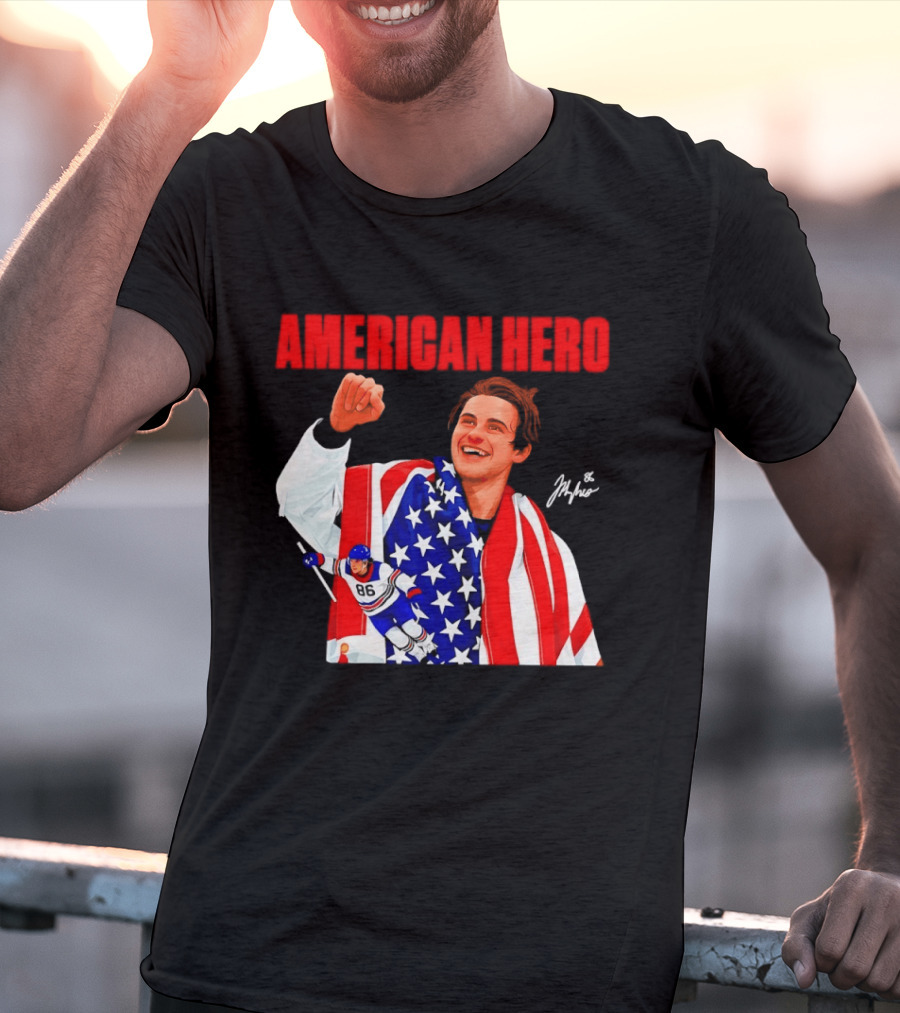 American Hero Jack Hughes USA Flag Hockey T-Shirt
