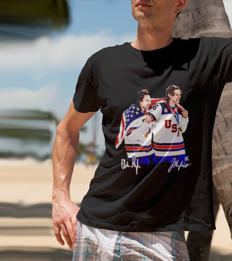 USA Hockey Golden Jack Hughes Jack Quinn American Flag Celebration T-Shirt