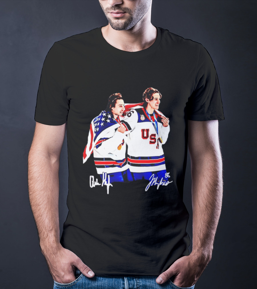 USA Hockey Golden Jack Hughes Jack Quinn American Flag Celebration T-Shirt