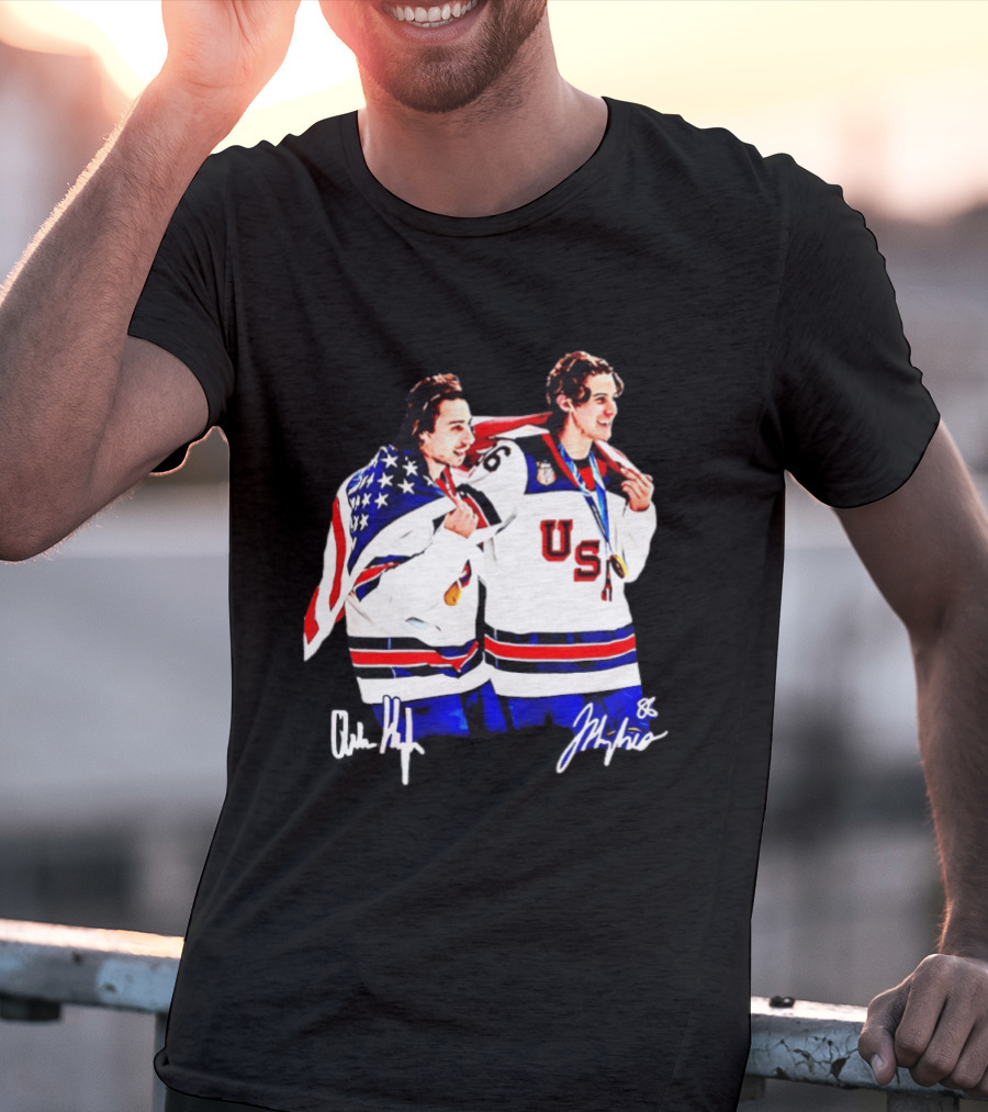 USA Hockey Golden Jack Hughes Jack Quinn American Flag Celebration T-Shirt