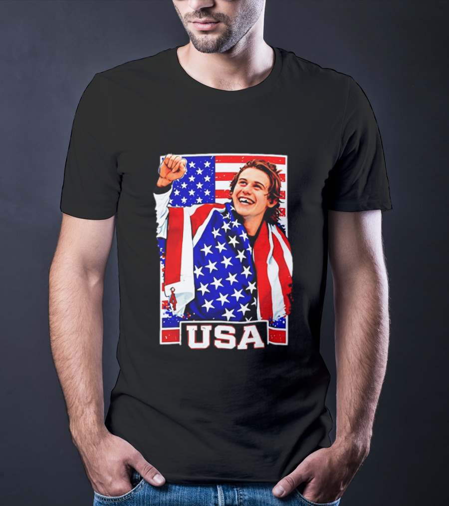 USA Flag Jack Hughes Olympic Hockey 2026 Golden Goal Celebration T-Shirt