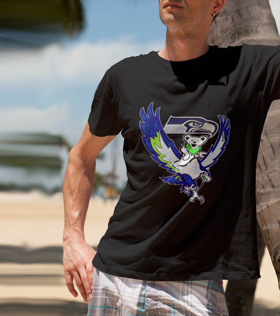 Seattle Seahawks Grateful Dead Bear Riding Seahawk Wings T-Shirt