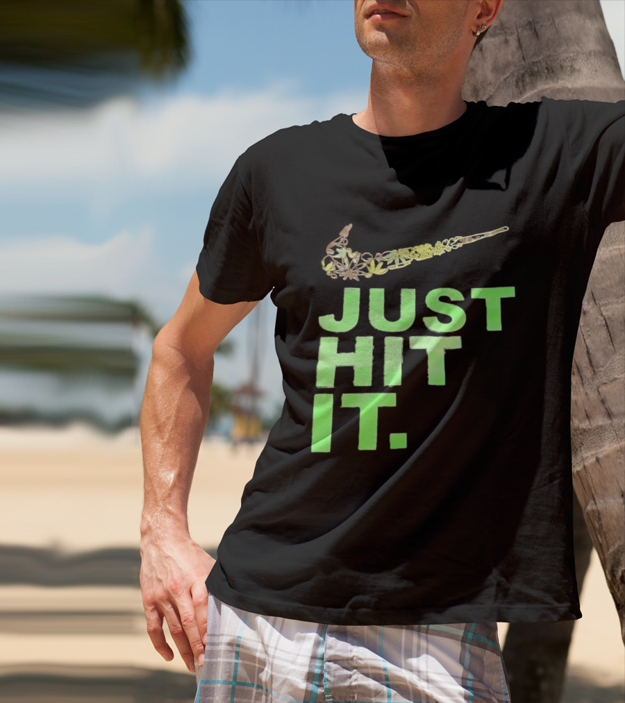 Just Hit It Classic Swoosh Flaming Bat Baseball T-Shirt