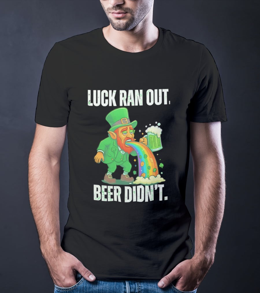 Leprechaun Drinking Beer Vomiting Rainbow Luck Ran Out St. Patrick's Day T-Shirt