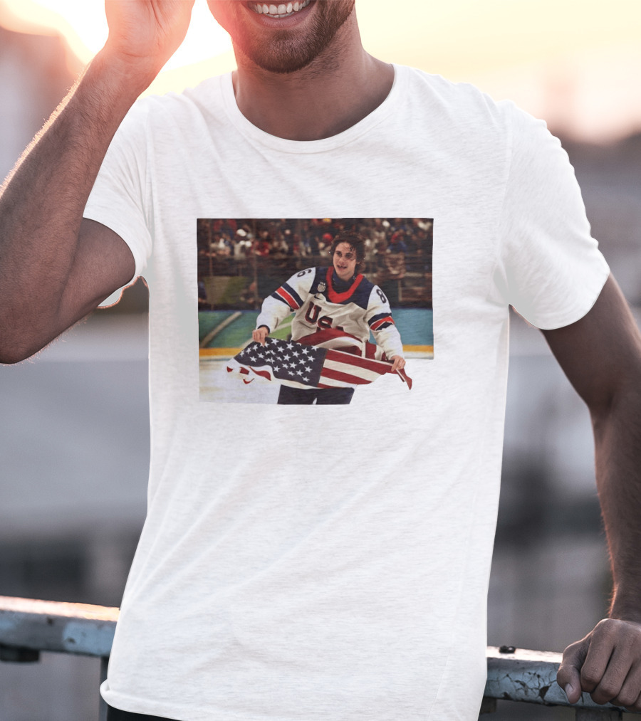 USA Hockey Jack Hughes American Flag Celebration T-Shirt