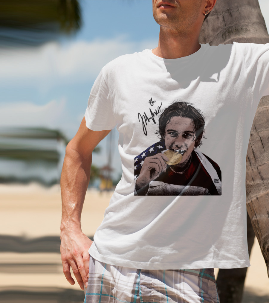 USA Hockey Jack Hughes Gold Medal Bite American Flag T-Shirt