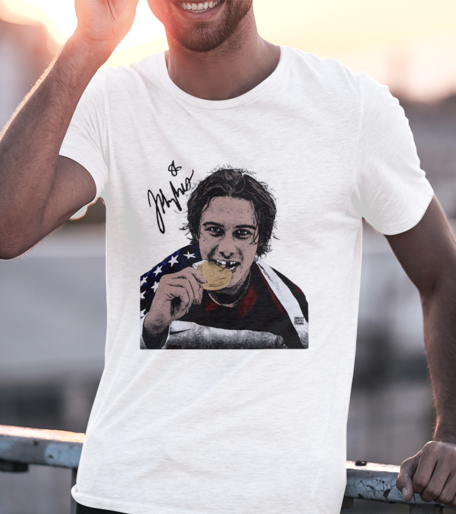 USA Hockey Jack Hughes Gold Medal Bite American Flag T-Shirt