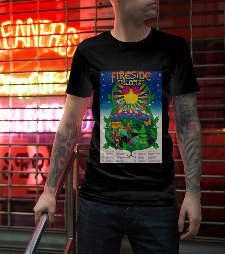Fireside Collective Spring Tour 2026 Vibrant Cycling Adventure In Scenic Nature Landscape With Sunburst And Stars T-Shirt