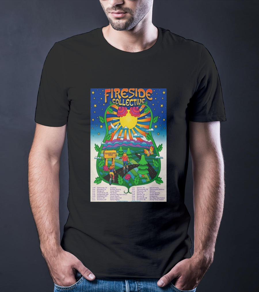 Fireside Collective Spring Tour 2026 Vibrant Cycling Adventure In Scenic Nature Landscape With Sunburst And Stars T-Shirt