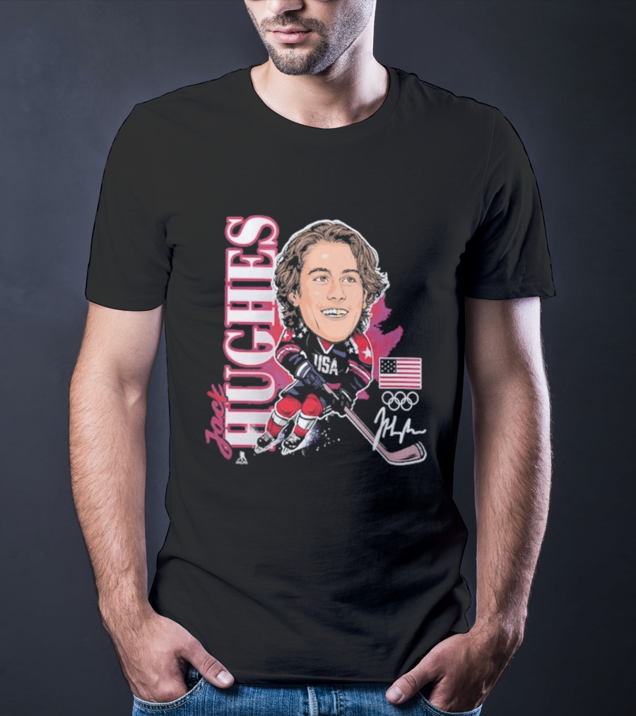 USA Hockey Jack Hughes Olympic Gold Medal Caricature With American Flag And Signature T-Shirt