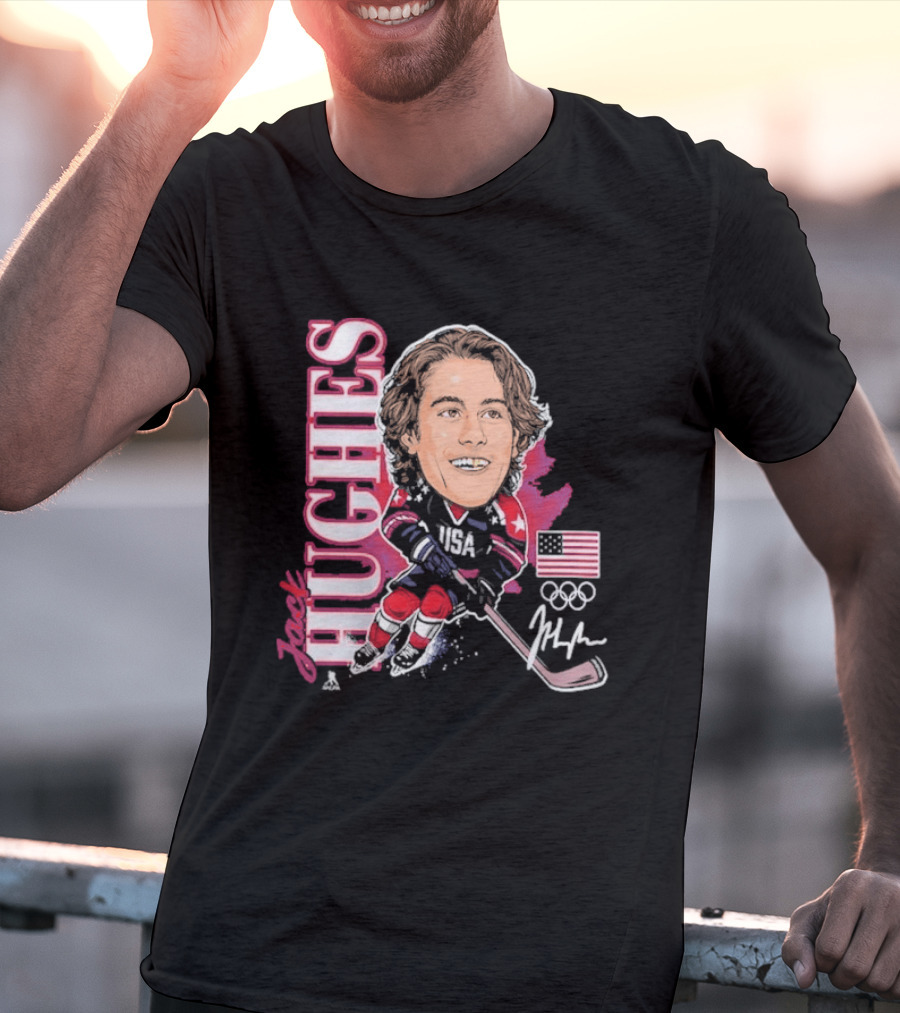 USA Hockey Jack Hughes Olympic Gold Medal Caricature With American Flag And Signature T-Shirt