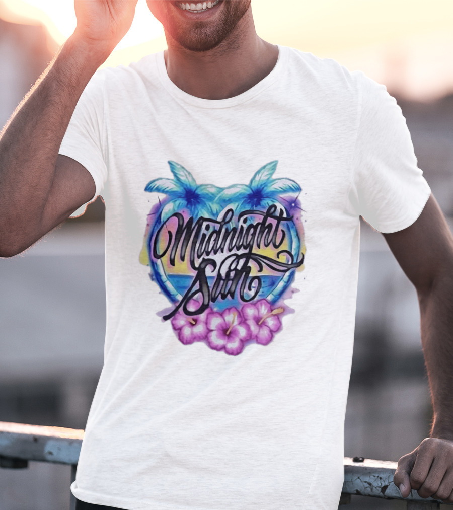 Midnight Sun Tropical Vibes Palm Trees And Hibiscus T-Shirt