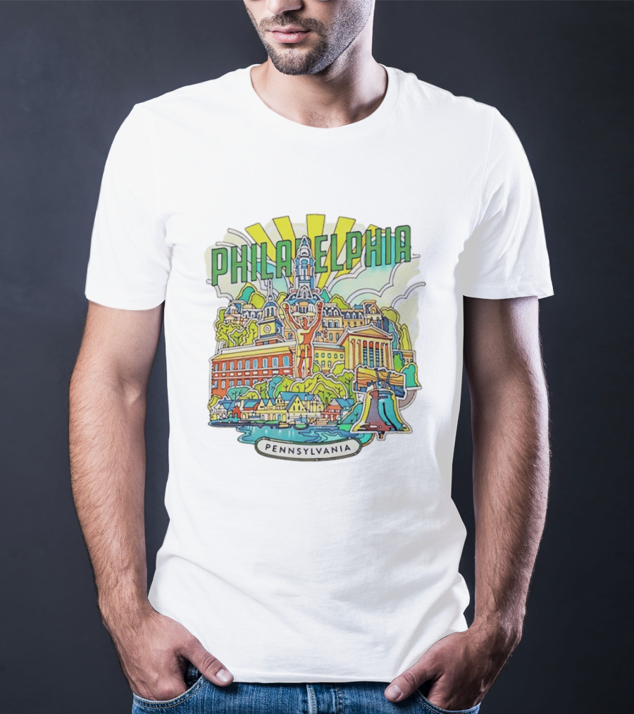 Philadelphia Pennsylvania Skyline Landmark Icons Liberty Bell Art Deco T-Shirt