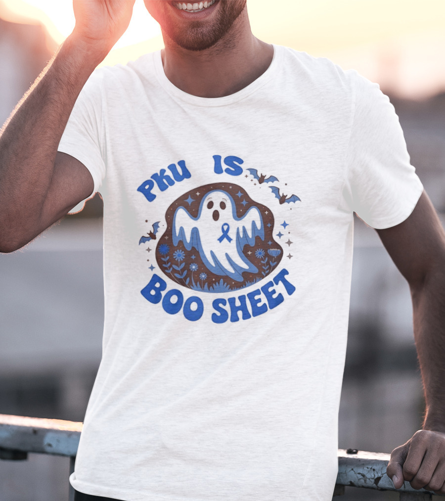 PKU Is Boo Sheet Blue Ribbon Ghost And Bat Halloween T-Shirt