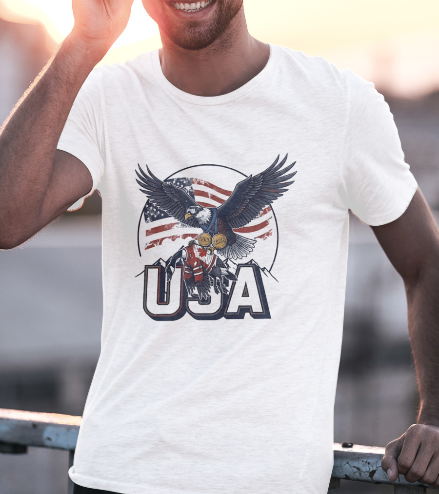 USA Eagle Ice Hockey Olympic Medals 1980 2026 American Flag T-Shirt