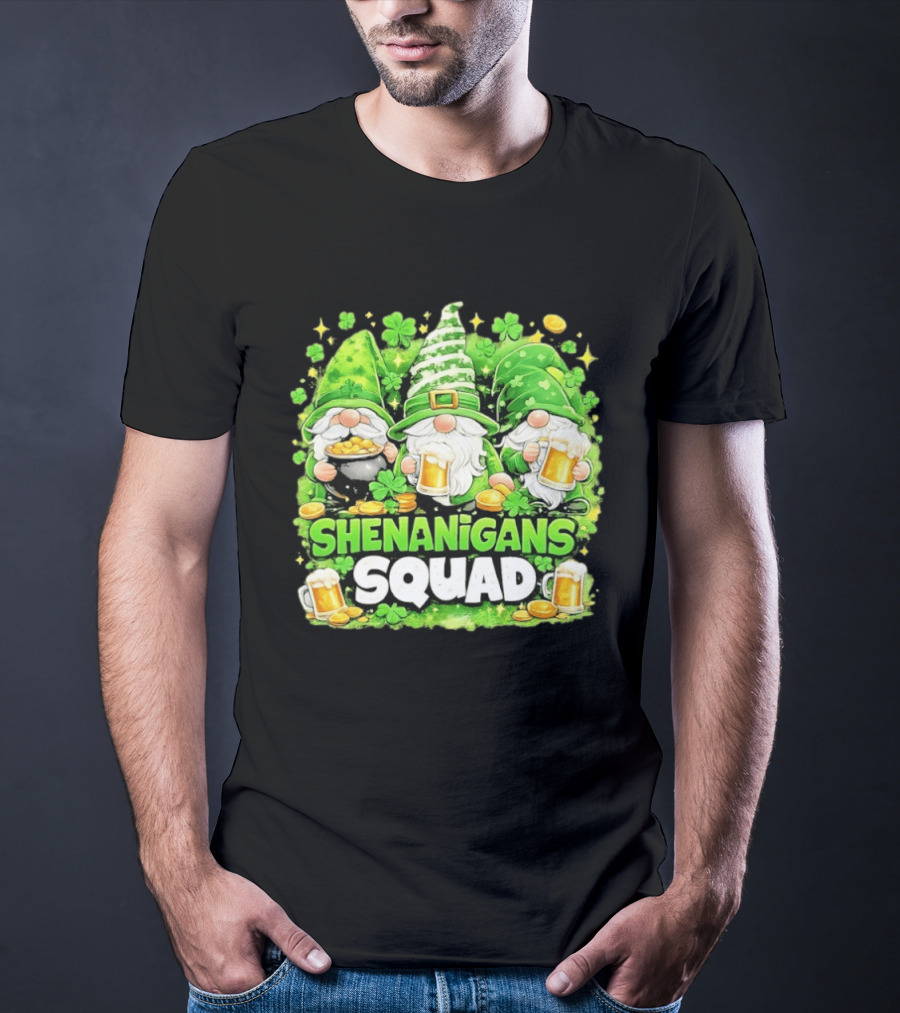 Shenanigans Squad St Patrick's Day Irish Gnomes Beer S And Clover Coins T-Shirt
