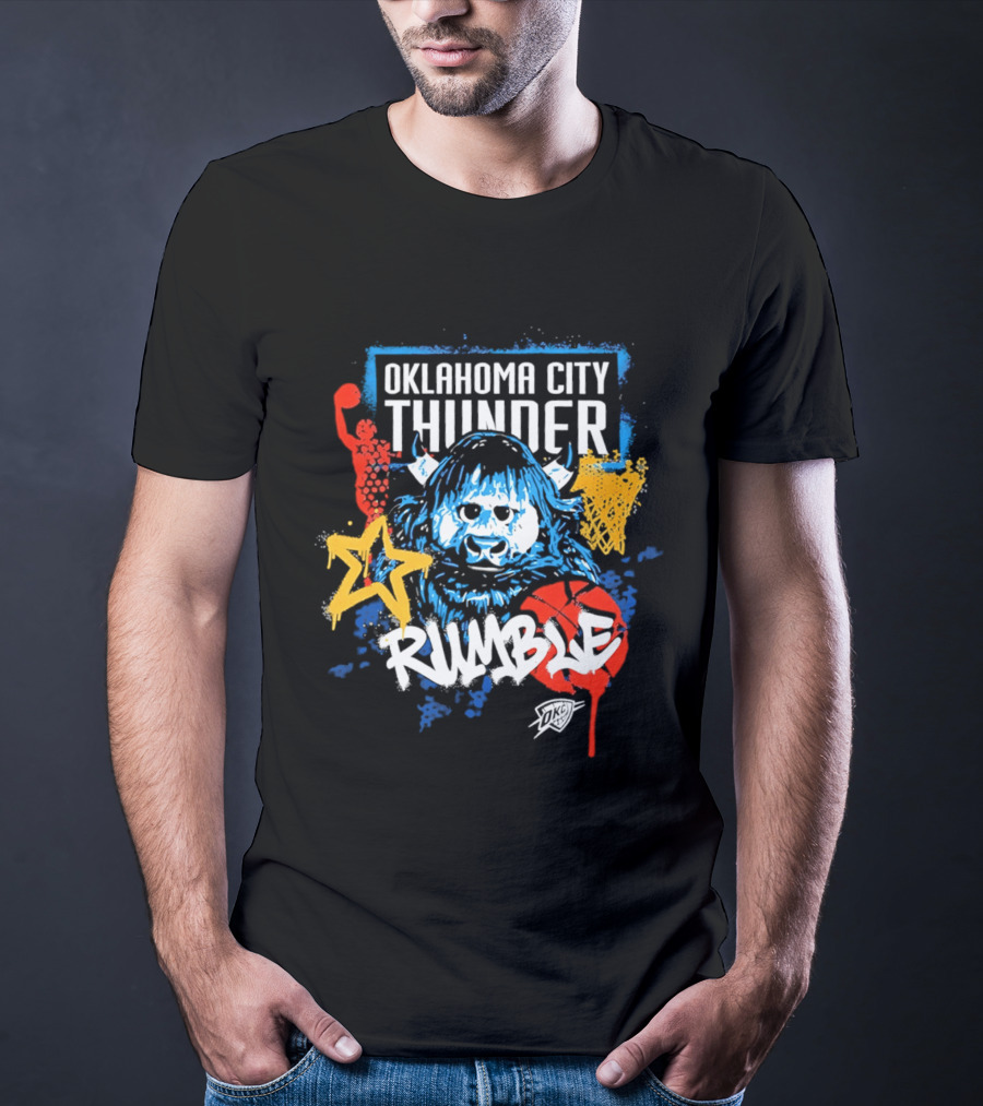 Oklahoma City Thunder Rumble Mascot Art With Stars And Paint Splatters T-Shirt