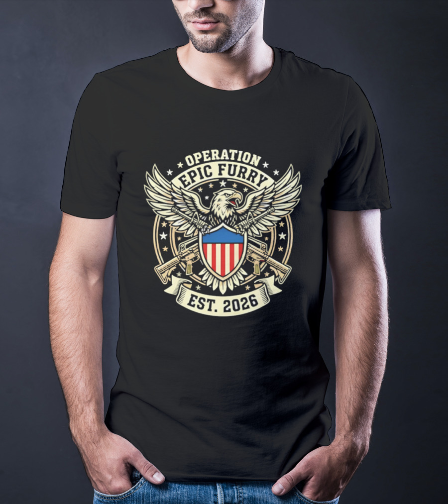 Operation Epic Furry Eagle Emblem Est 2026 Stars And Stripes Shield T-Shirt