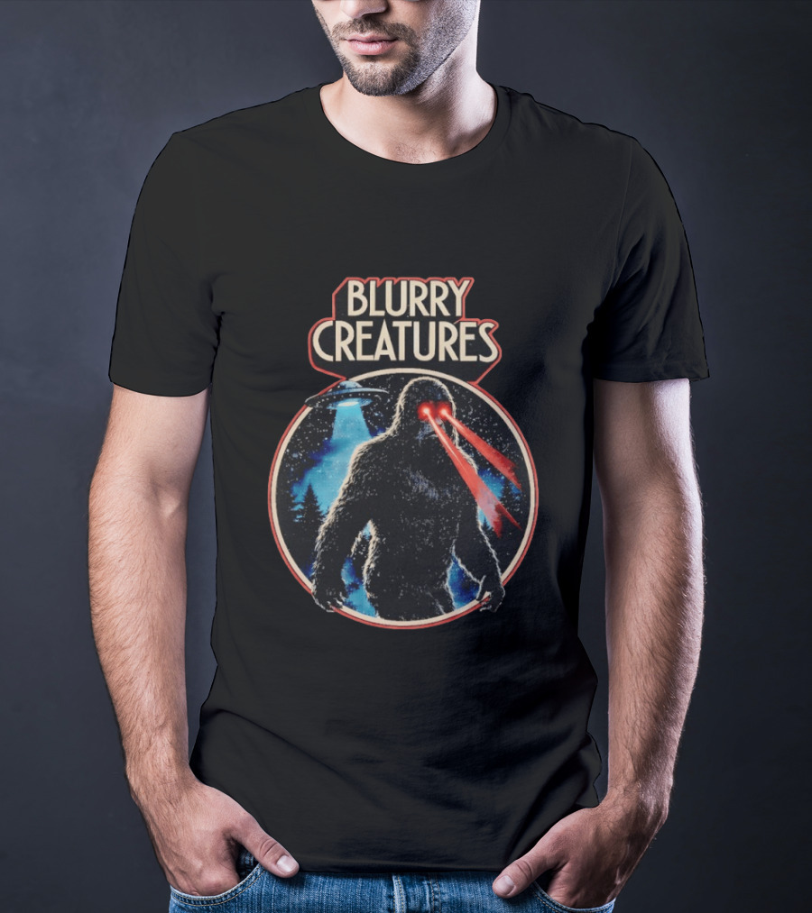 Blurry Creatures Bigfoot Laser Eyes UFO Forest T-Shirt