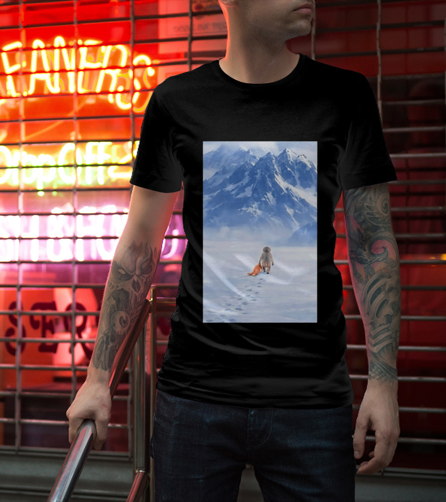 Monkey Holding Stuffed Monkey Alone Walking In Snowy Mountains T-Shirt