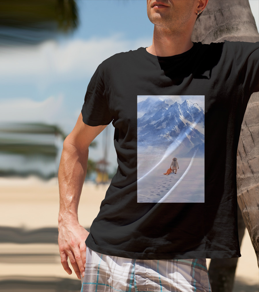 Monkey Holding Stuffed Monkey Alone Walking In Snowy Mountains T-Shirt