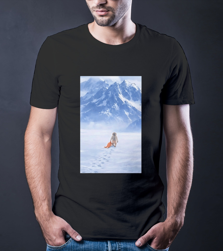 Monkey Holding Stuffed Monkey Alone Walking In Snowy Mountains T-Shirt
