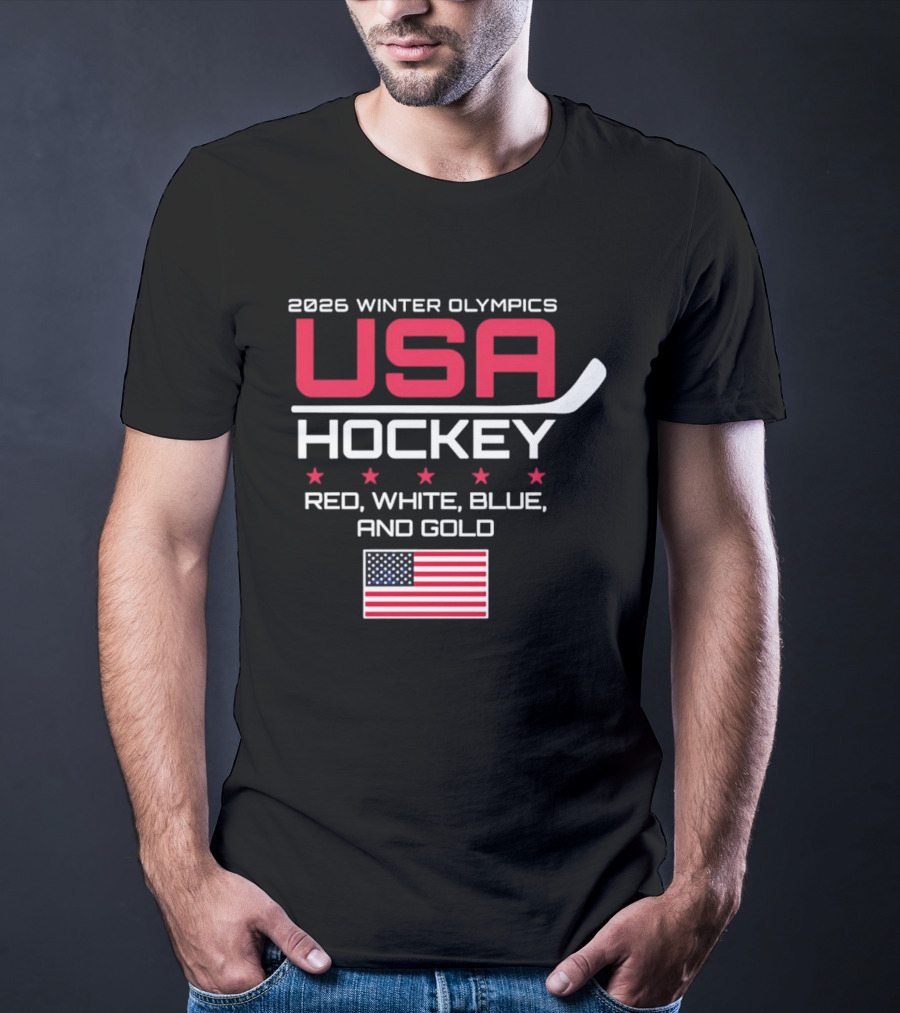 2026 Winter Olympics USA Hockey Red White Blue And Gold American Flag T-Shirt
