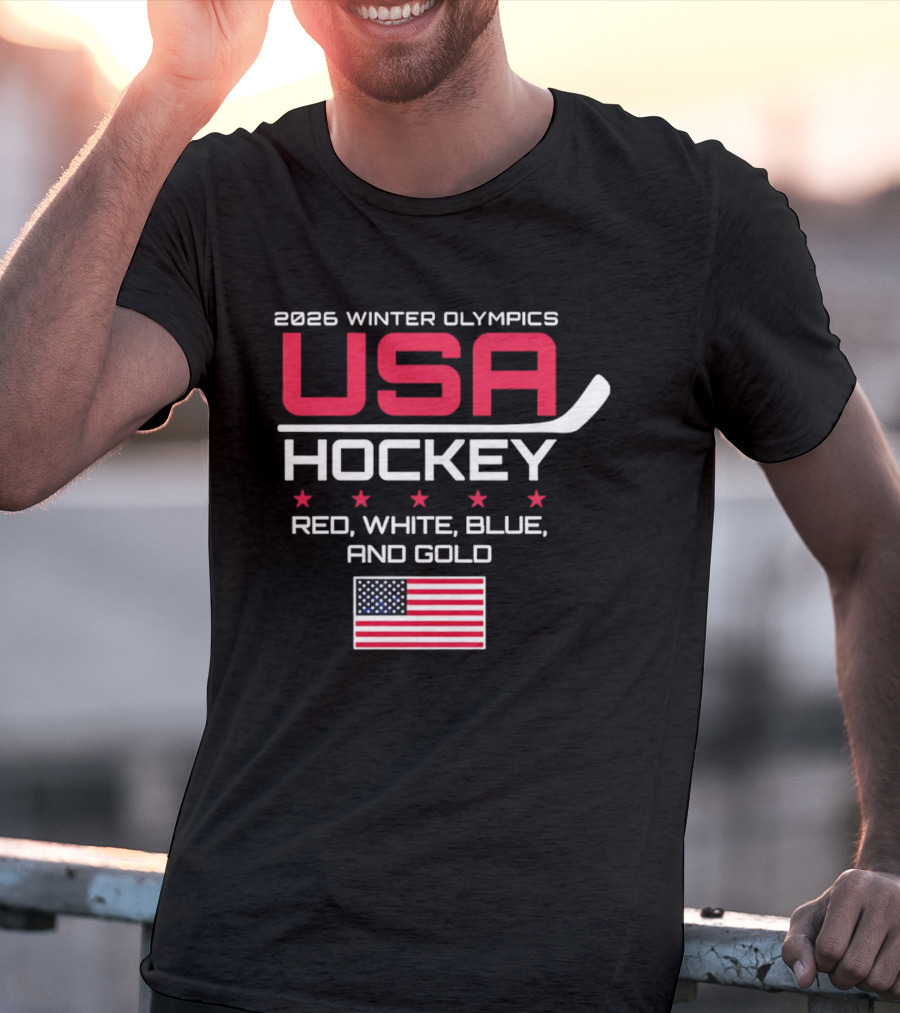 2026 Winter Olympics USA Hockey Red White Blue And Gold American Flag T-Shirt