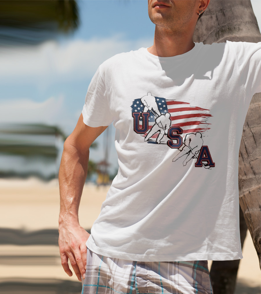 USA Olympic Gold Medal Hockey American Flag Hockey Players T-Shirt