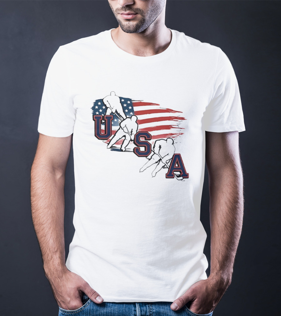 USA Olympic Gold Medal Hockey American Flag Hockey Players T-Shirt