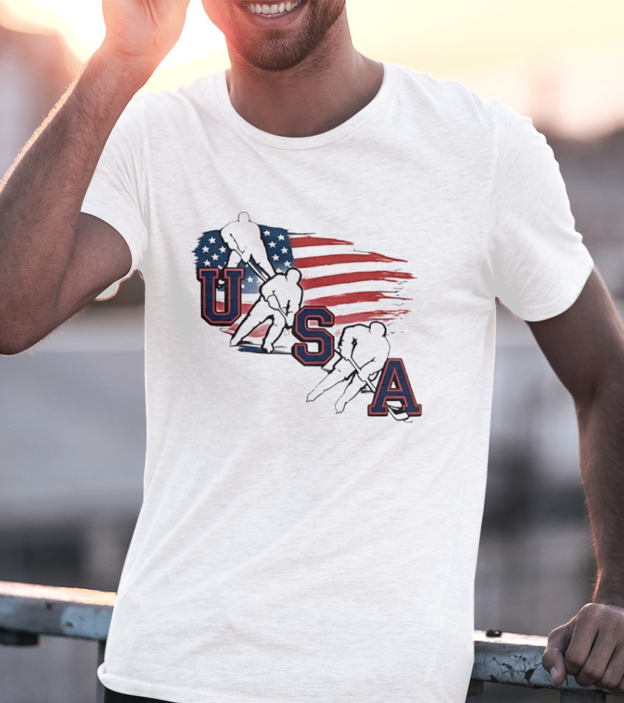 USA Olympic Gold Medal Hockey American Flag Hockey Players T-Shirt