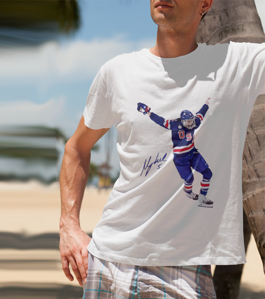 USA Team Hockey Megan Keller Blue Uniform Celebration T-Shirt