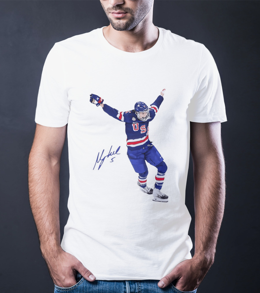 USA Team Hockey Megan Keller Blue Uniform Celebration T-Shirt