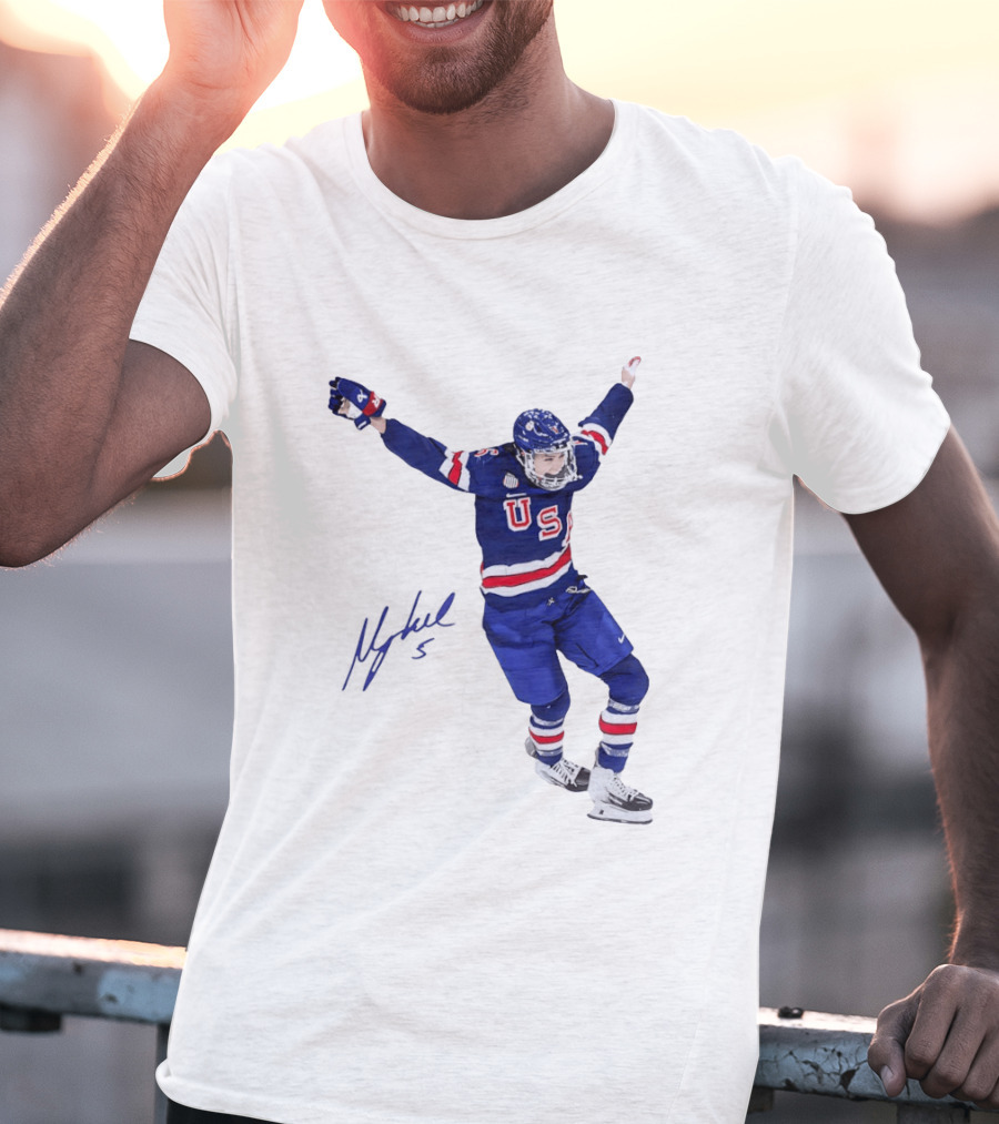 USA Team Hockey Megan Keller Blue Uniform Celebration T-Shirt