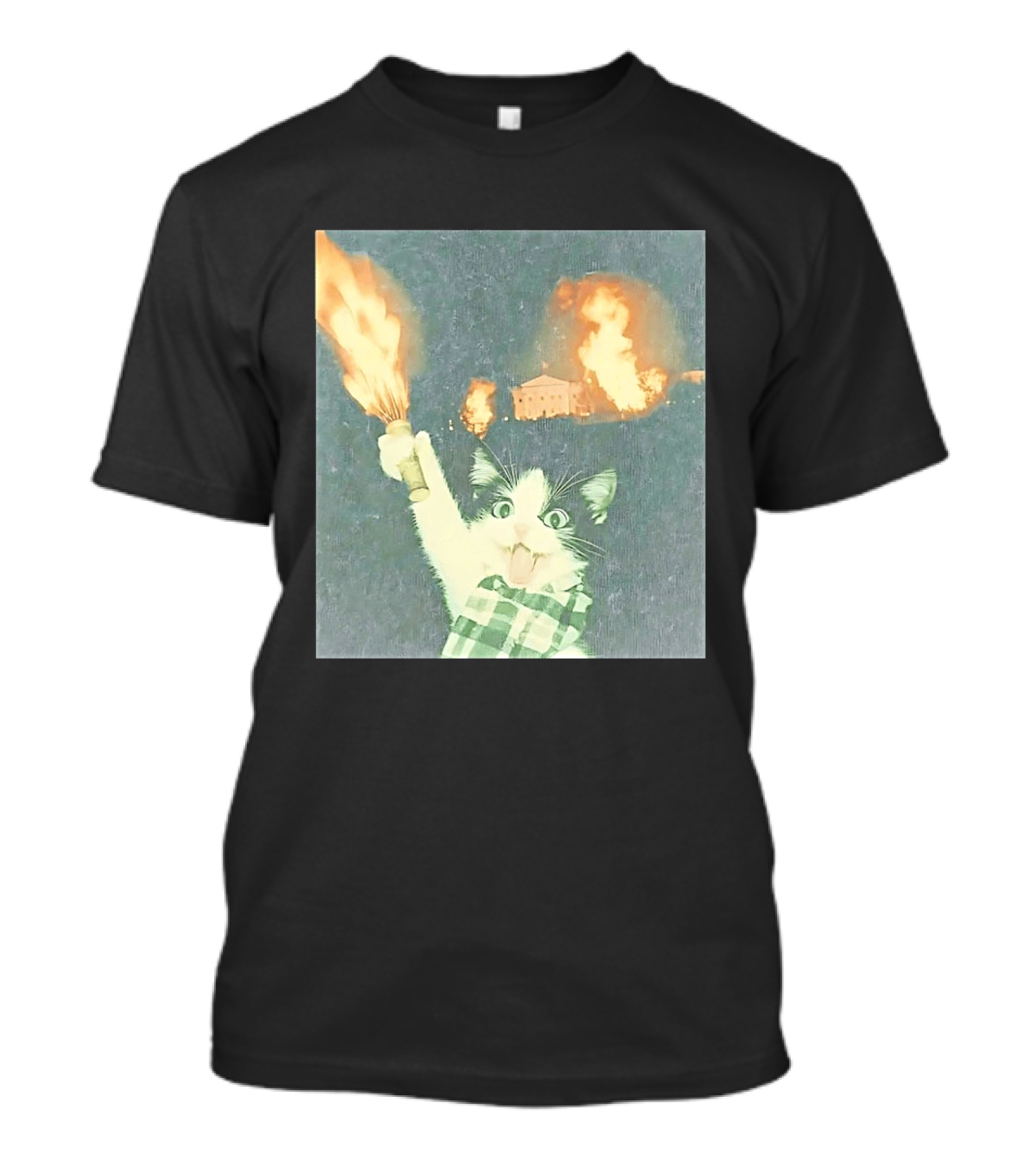 Rebellious Cat Riot Scene With Flaming T-Shirt