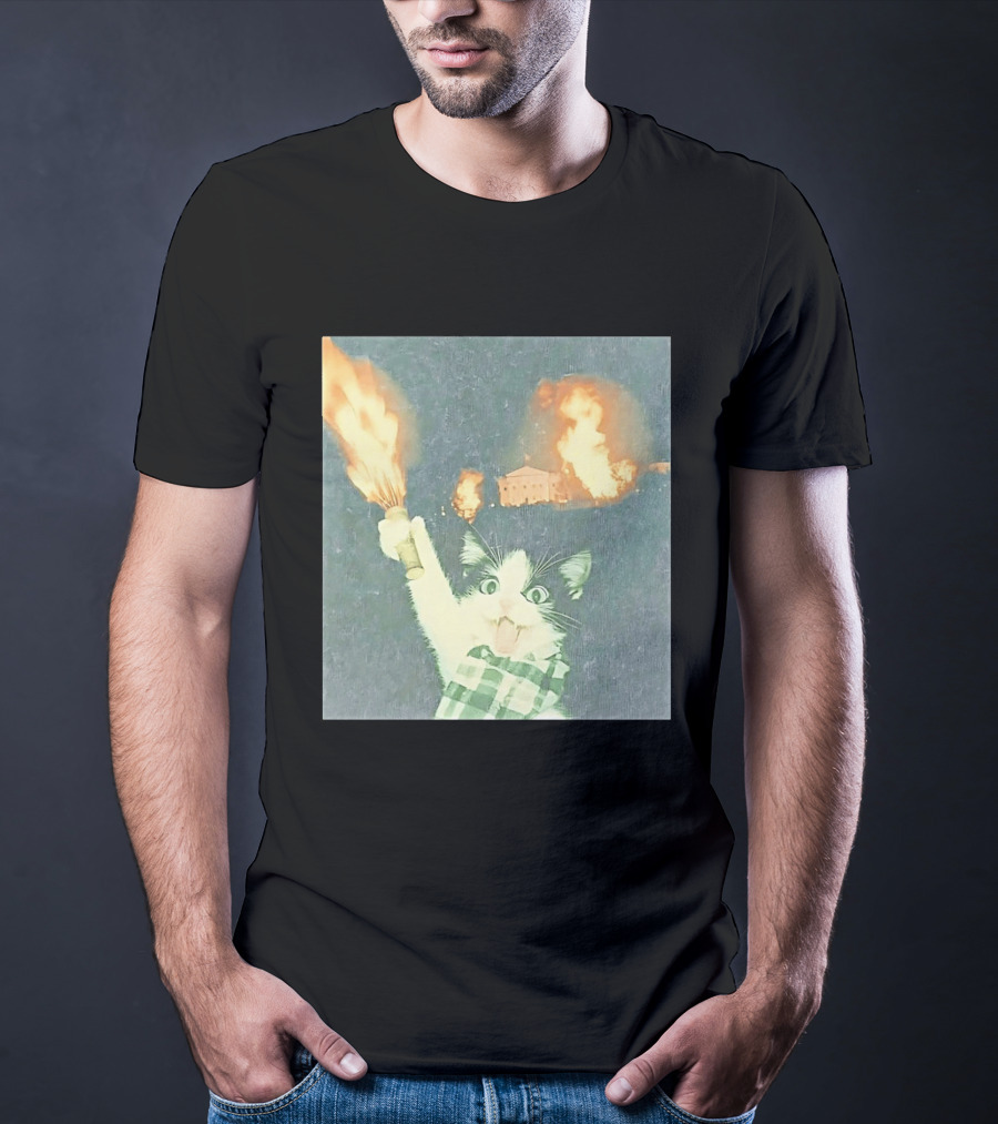 Rebellious Cat Riot Scene With Flaming T-Shirt