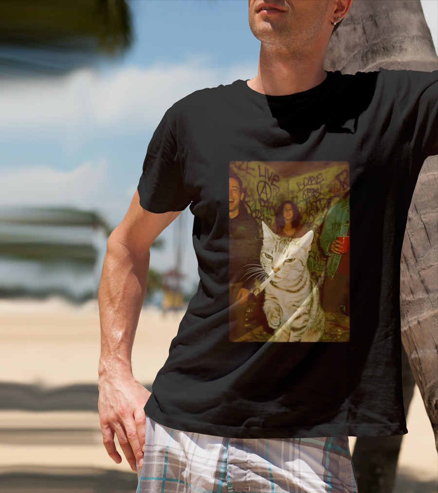 Smoking Tabby Cat Live Punk Party Scene T-Shirt