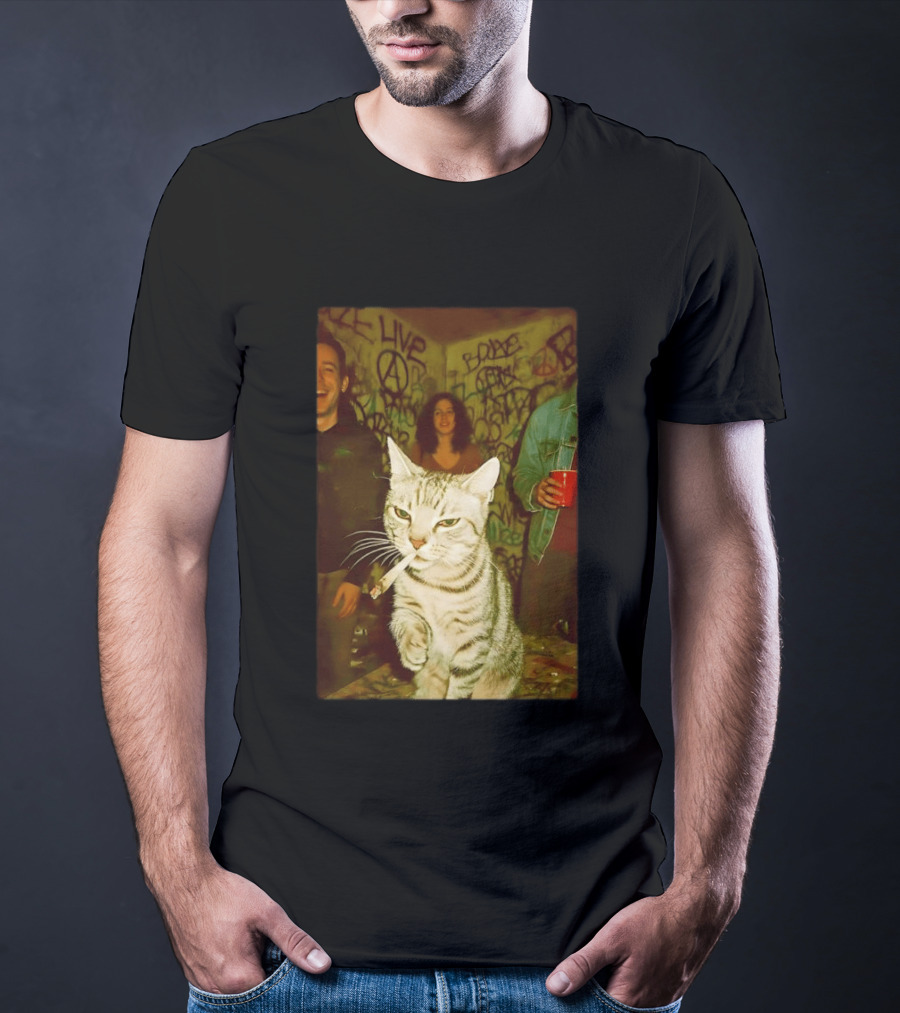 Smoking Tabby Cat Live Punk Party Scene T-Shirt