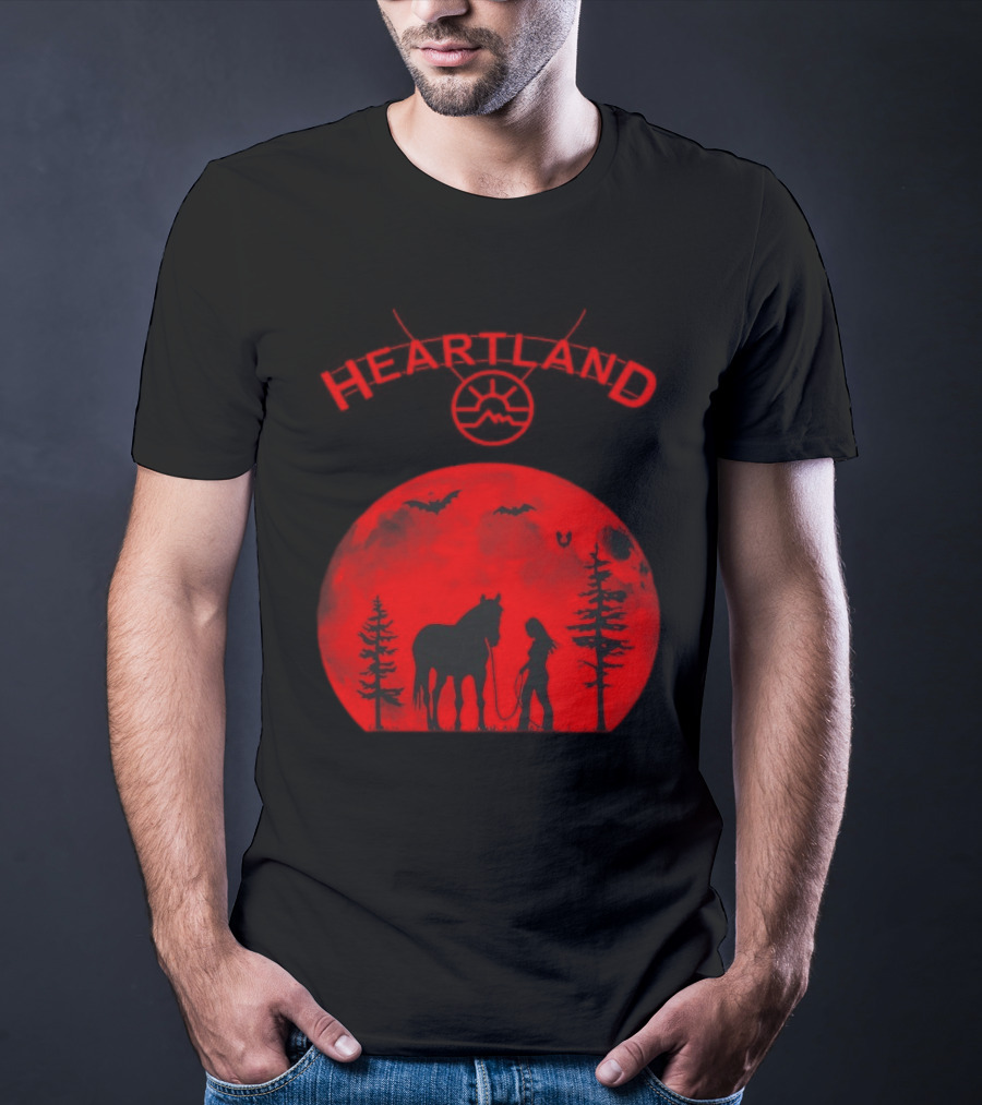 Heartland Ranch Red Moon Horse And Human Silhouette With Trees And Bats T-Shirt