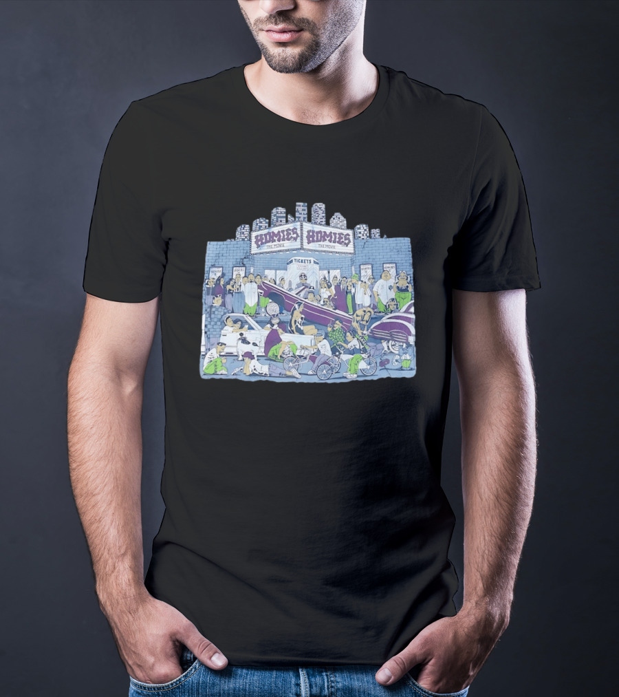 Homies The Movie Tickets Crowd Scene Skyscrapers Lowriders Bicycles T-Shirt