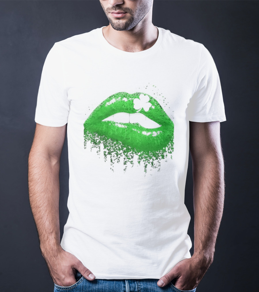 St Patrick's Day Green Lips Shamrock Shape T-Shirt