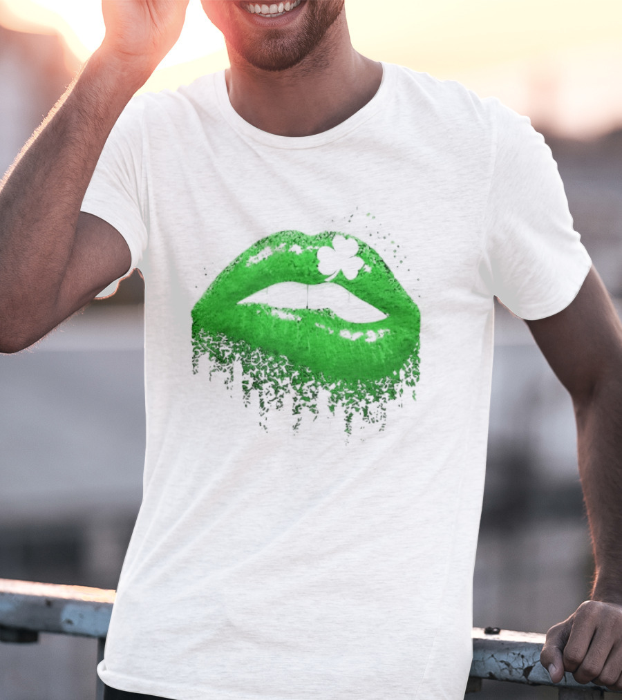 St Patrick's Day Green Lips Shamrock Shape T-Shirt